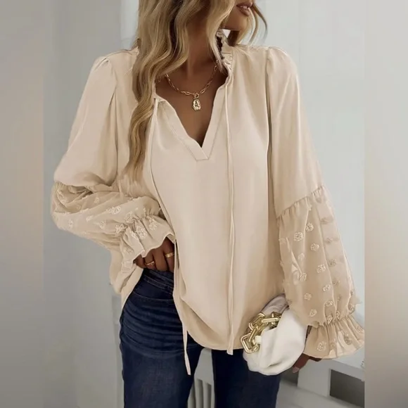 Boho Swiss Dot Frill Trim Tie Neck Blouse - Picture 1 of 6